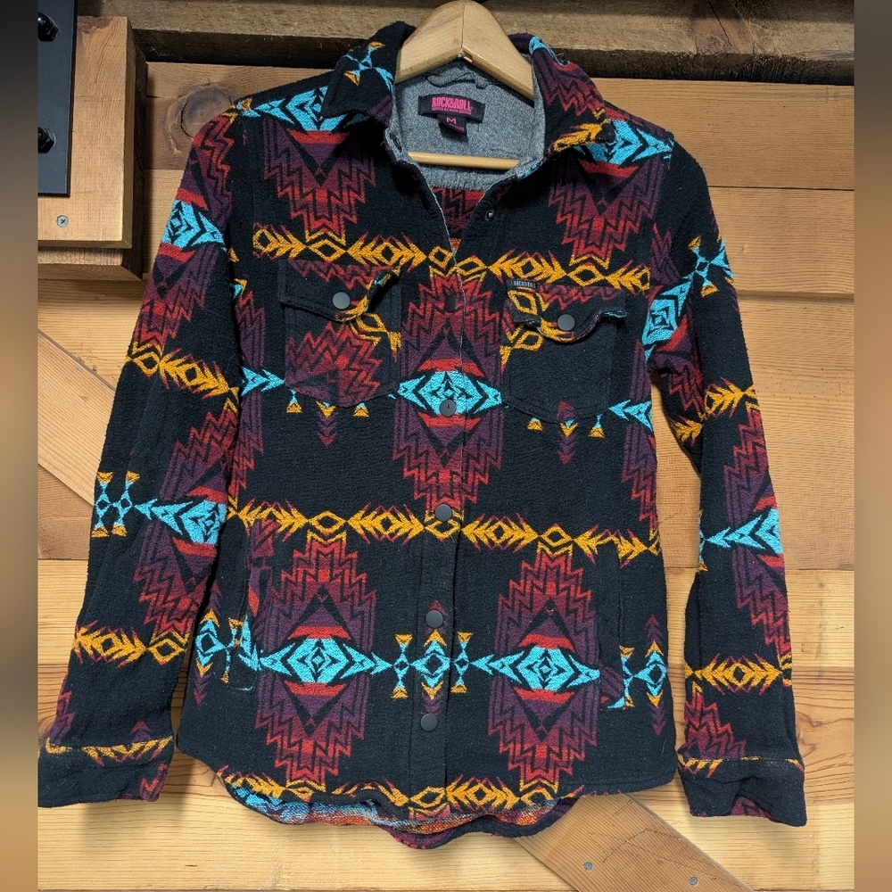 Rock and Roll Denim Medium Southwestern Print Shirt Jacket Western Snap Cowboy